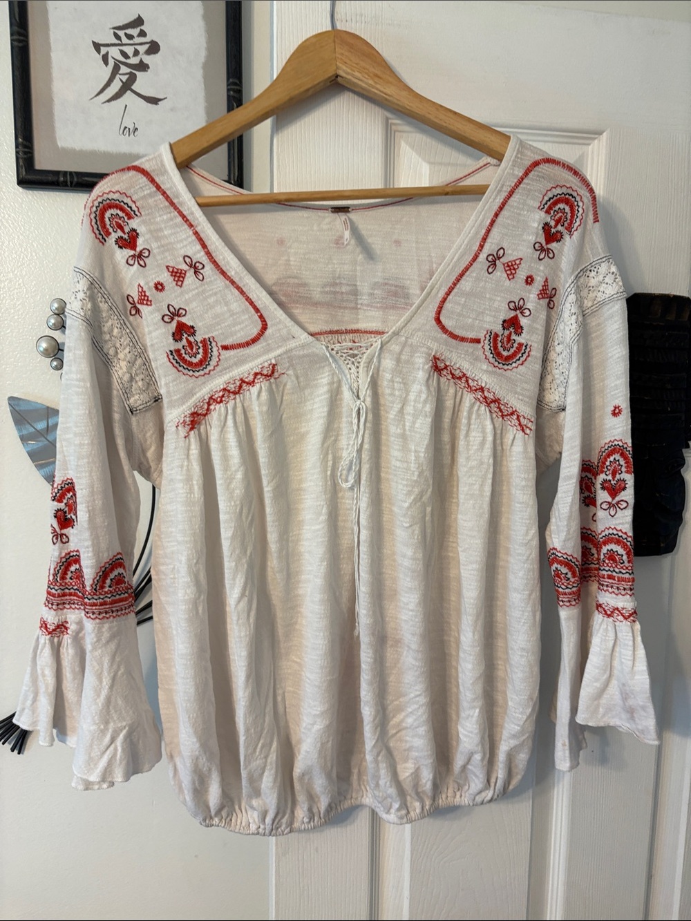 Free People White Boho Embroidered Tunic with Red Accents